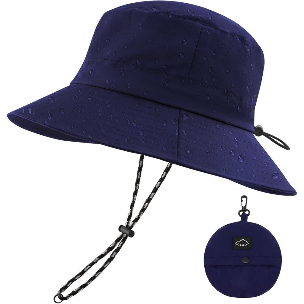 Unisex Navy Blue 100%Nylon Waterproof Wide Brim Mesh Vent Chin Strap Bucket Hat